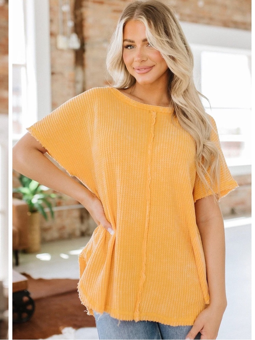 Zenana washed rolled, raw-edge short sleeves center seam detail waffle-knit top - Picture 10 of 10